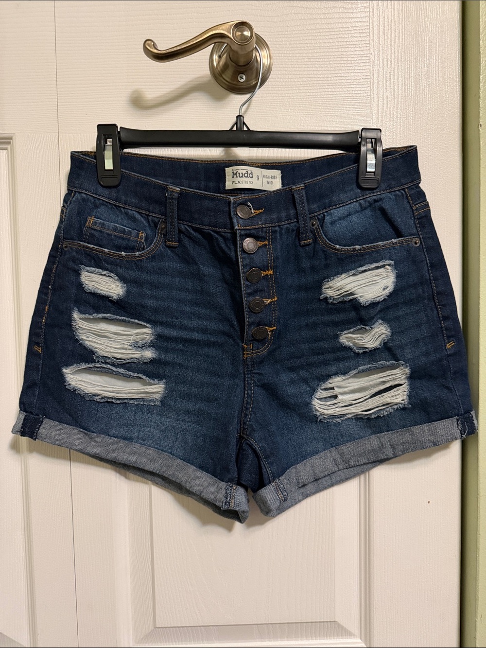 Mudd Dark Blue Distressed Button-Front Denim Shorts